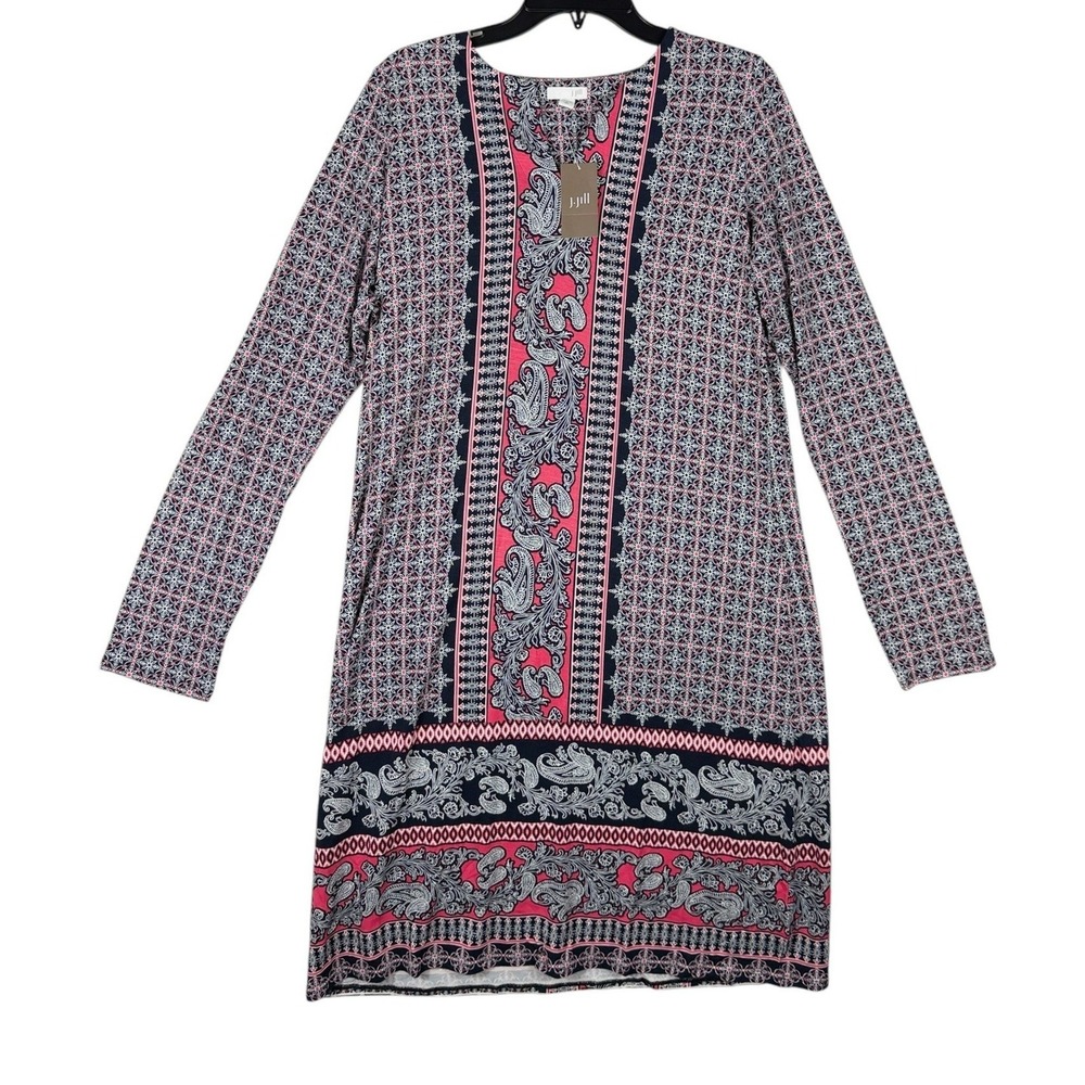J. Jill Womens MT Tall Paisley Print Knit V-Neck Shift Dress Long Sleeve NWT